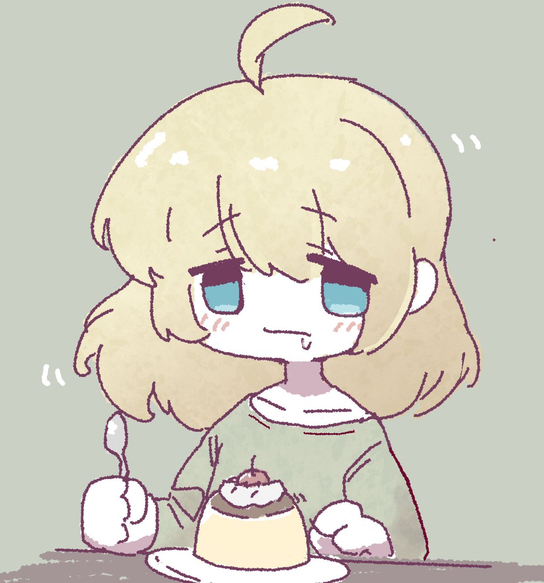 1girl solo food blonde hair ahoge spoon pudding  illustration images