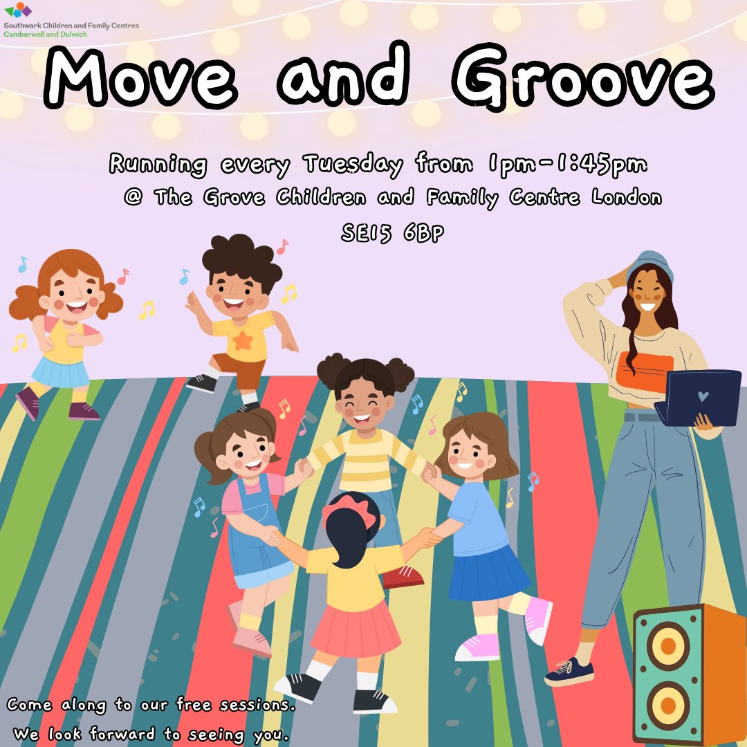Come along to our Move and Groove session running every Tuesday at the Grove Centre from
1pm-1:45pm
All Our sessions are free. We look forward to seeing you there
#earlyyearsplay #earlyyearsideas #earlyyearslearning #earlyyearseducation #earlyyearsactivities