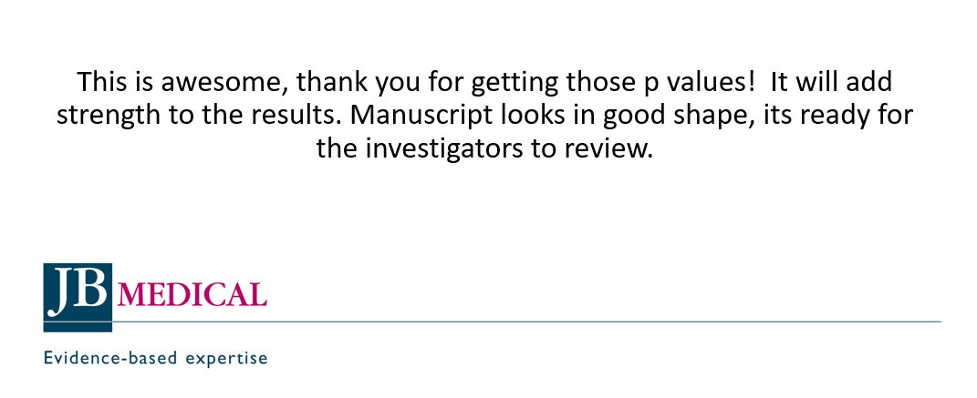 Great feedback on a manuscript for which we provided both statistical and medical writing support. V pleased that the client is so pleased ! #MedicalWriting #MedStats #LoveMyJob