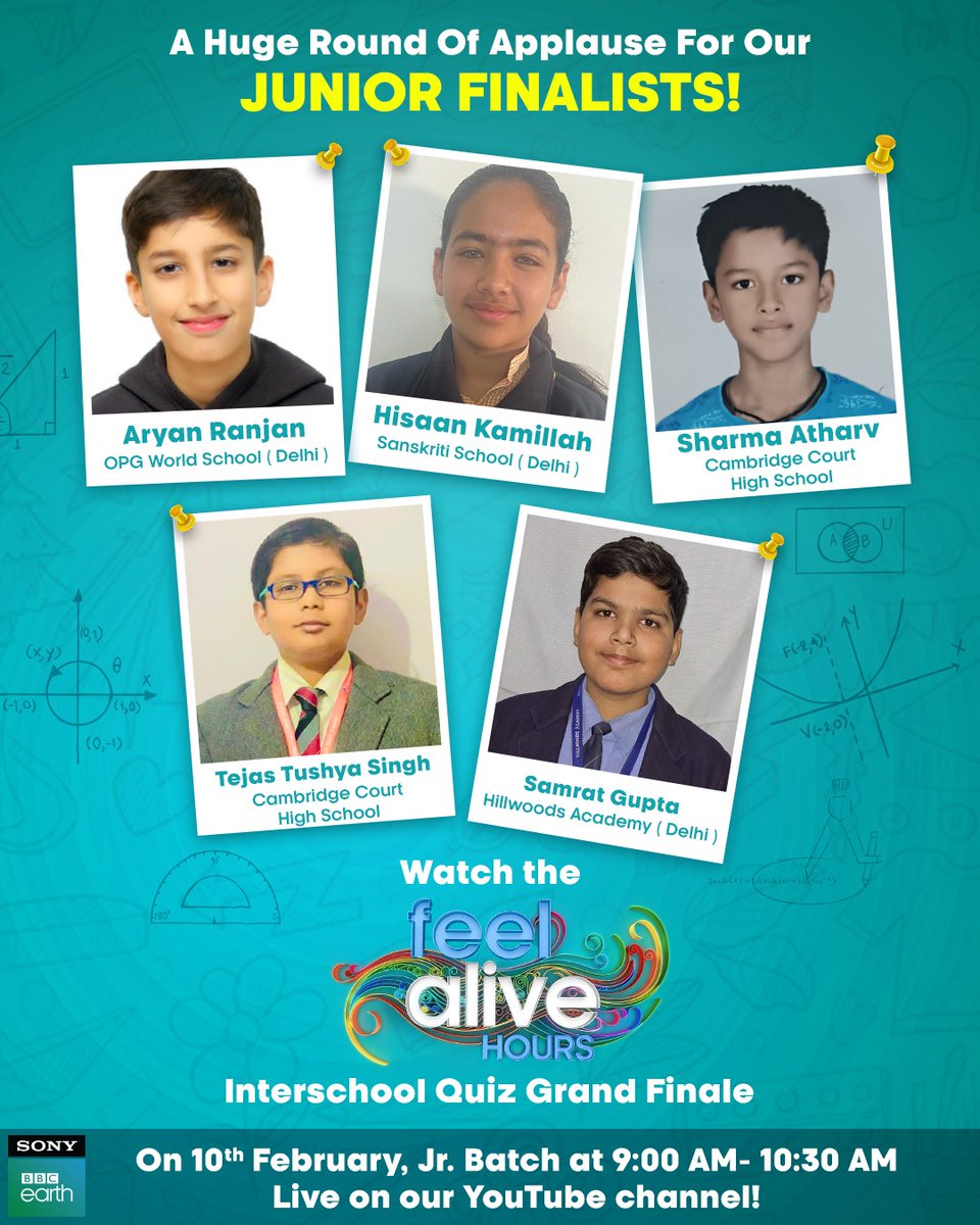 A hearty congratulations to the top 5 contestants from the Junior category who made it to the Feel Alive Hours Interschool Quiz Contest Finale!

Catch all the fun and cheer for them as they battle for the Quiz Championship, on Saturday, 10th Feb, Live on our YouTube channel.