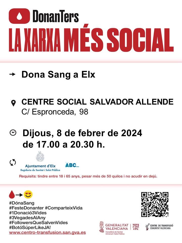 GVAdonasang's tweet photo. Donació de sang en #Elx
📅Dijous #8febrer
Per a tractaments oncològics, intervencions quirúrgiques, trasplantaments...
👉La sang no la podem fabricar, la teua col·laboració és necessària,
#DonaSang🩸 https://t.co/1ulZzKnKkH