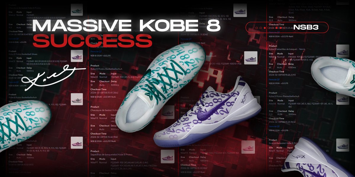 1x Repost = 1x NSB3🎉
Becoming the best ALL-IN-ONE BOT wasn't easy, but we make it look like a piece of cake😉

Despite the low stock NSB got through with the Kobe 8s, we couldn't be happier for our users!
Stay tuned for even better results in US🔥
