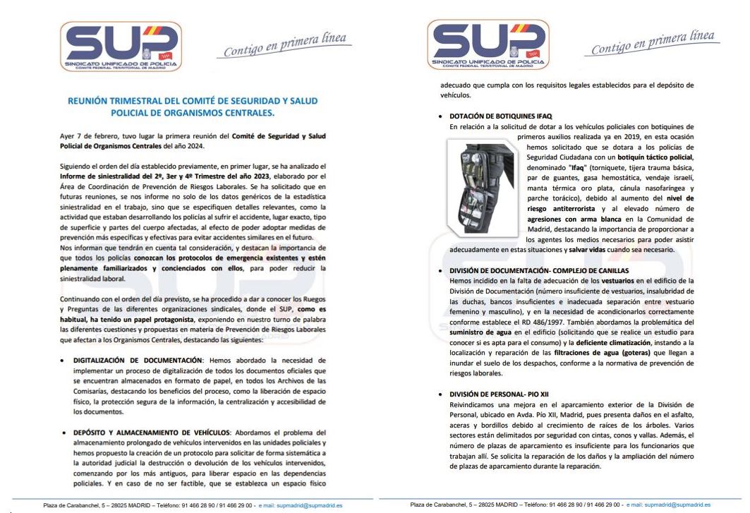 supmadrid's tweet image. 1ª reunión del año del #CSSLP de Org.Centrales proponemos:
📃Digitalización de documentos
🚗Vehículos intervenidos(depósito)
🏊♂️Restauración piscina cubierta y pista de atletismo  en Div de Formación
🩹Dotación botiquines IFAK
🥽Protección galerias tiro (auditiva y cubregafas)⤵️