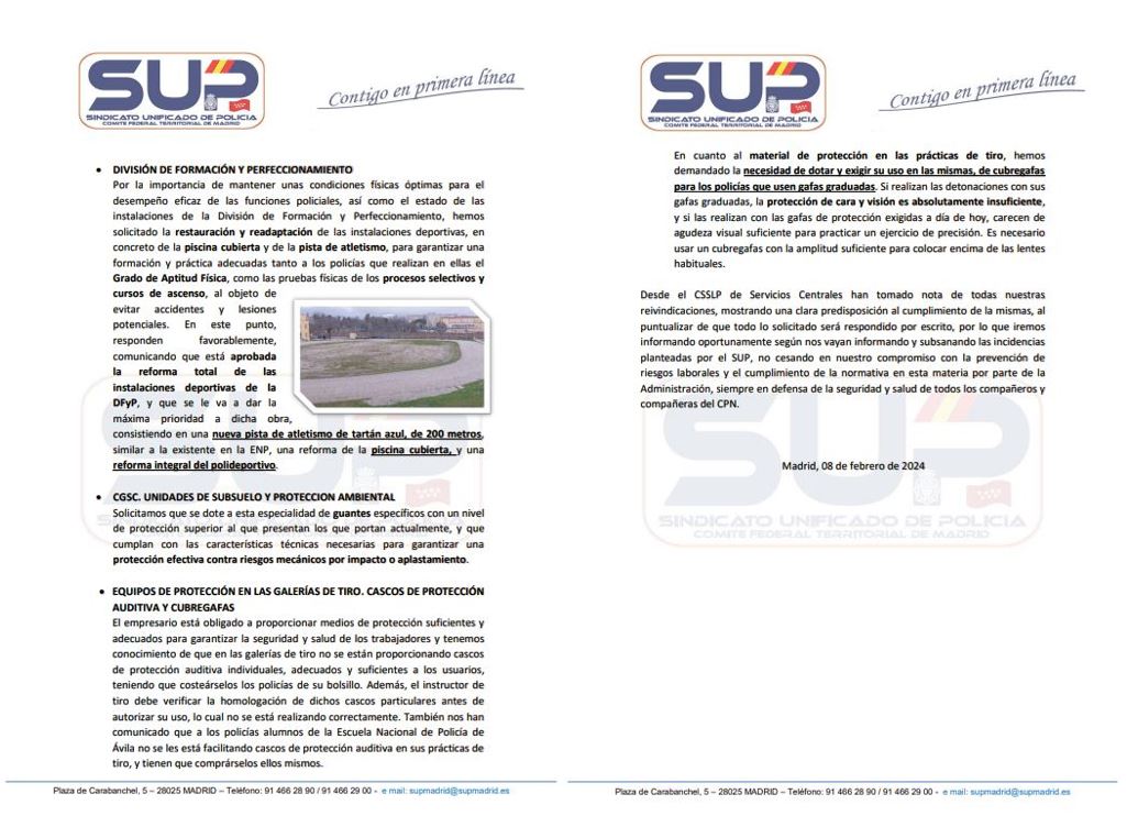 supmadrid's tweet image. 1ª reunión del año del #CSSLP de Org.Centrales proponemos:
📃Digitalización de documentos
🚗Vehículos intervenidos(depósito)
🏊♂️Restauración piscina cubierta y pista de atletismo  en Div de Formación
🩹Dotación botiquines IFAK
🥽Protección galerias tiro (auditiva y cubregafas)⤵️