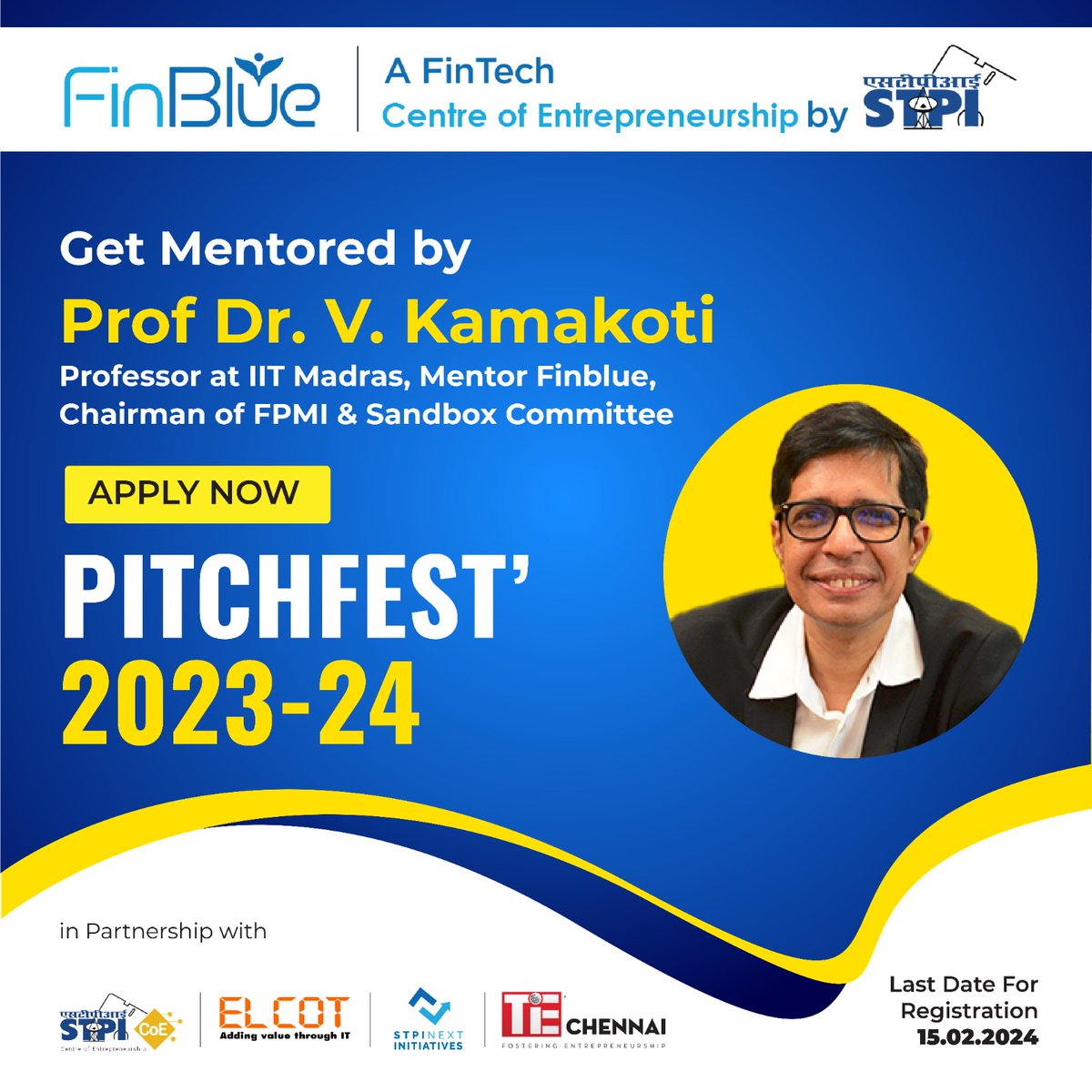 Embark on your entrepreneurial quest at Pitchfest 2023-24 under the expert mentorship of Dr. V. Kamakoti. 

As the Director of IIT Madras, Mentor at FinBlue, and Chairman at FPMI and Sandbox Committee, Dr. Kamakoti stands as a guiding light for innovative minds.