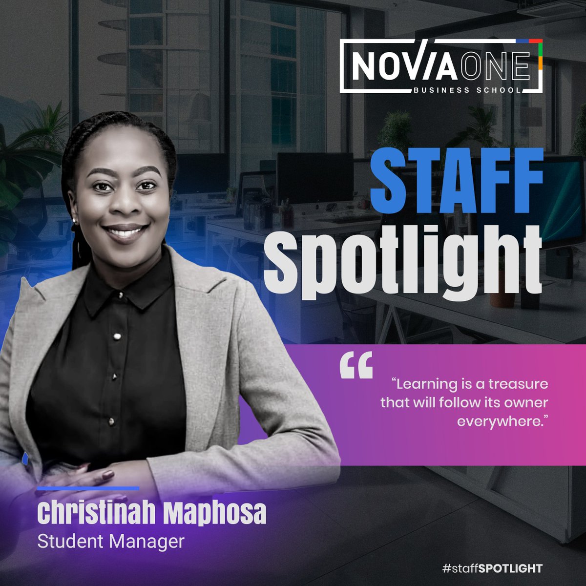 NoviaOneGroup's tweet photo. We consider our Student Managers to be key touchpoints of our business, and Christinah Maphosa is no different. Our students may know her for her polite demeanour, but we know her to be extremely effective at her job.

#staffspotlight #meettheteam #staffappreciation https://t.co/jSkqAXbbly