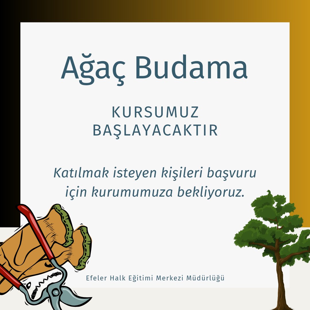 Ağaç Budama kursumuz başlıyor. 
<a href="/mebhbogm/">MEB Hayat Boyu Öğrenme Genel Müdürlüğü</a> <a href="/cengizmete/">Cengiz Mete</a> <a href="/Aydin_MEM/">Aydın İl Millî Eğitim Müdürlüğü</a> <a href="/Aydin_MEM/">Aydın İl Millî Eğitim Müdürlüğü</a> <a href="/ekicis20/">Süleyman EKİCİ</a>