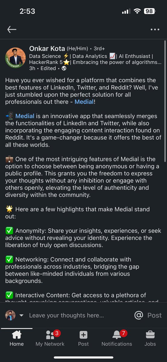 niketrajdwivedi's tweet photo. Woke up to another organic promotion of our app by a user :) Medial is taking its baby steps!
#medial #socialmediastartup #consumerinternet https://t.co/RCjx5qAx7z