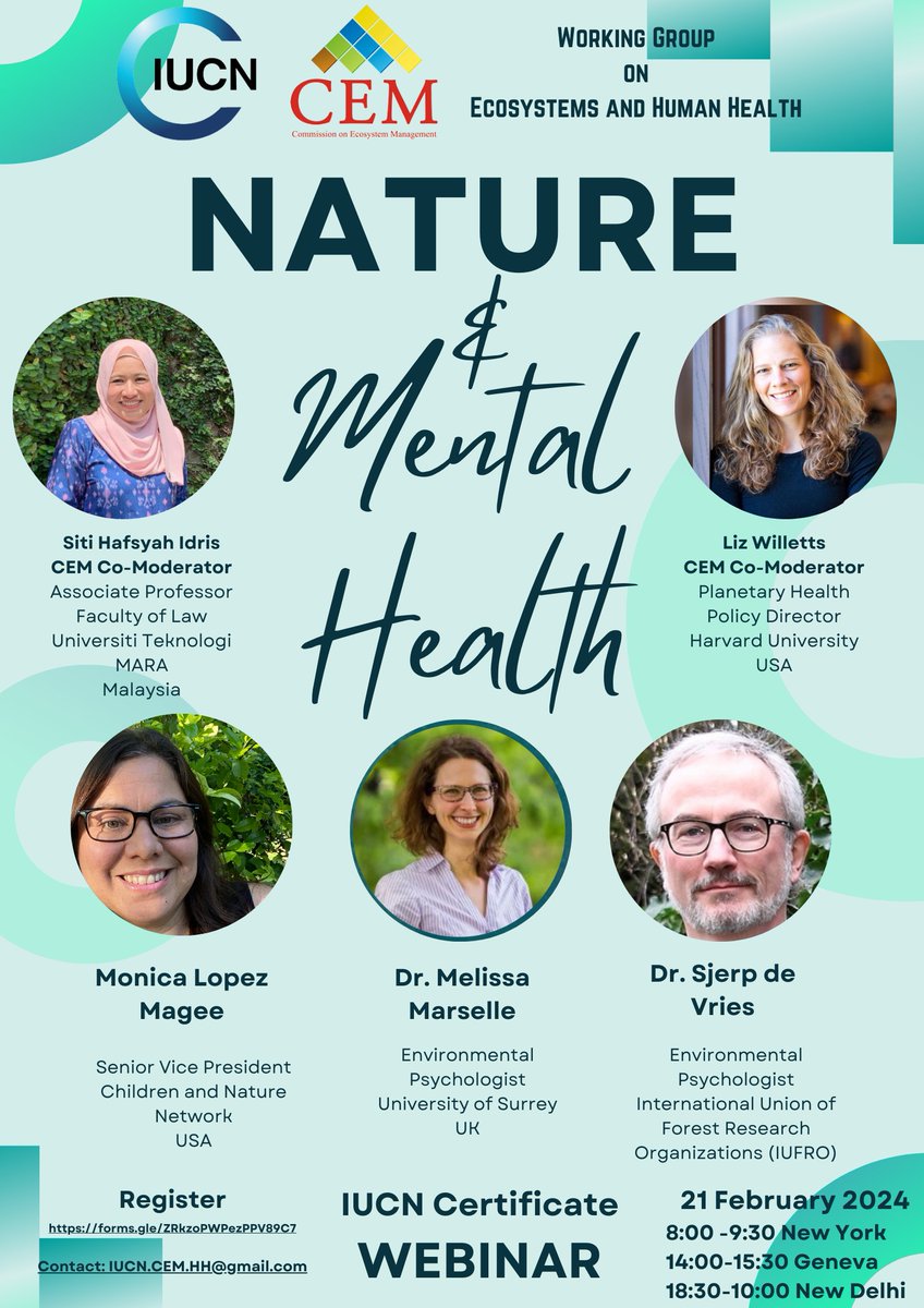 MelissaMarselle's tweet image. Feb 21: Join an expert discussion on #Nature and #MentalHealth &amp;amp; #childhood development, hosted by  @IUCN_CEM w/ Monica Lopez Magee, Sjerp de Vries &amp;amp; @MelissaMarselle 

Register: docs.google.com/forms/d/e/1FAI…