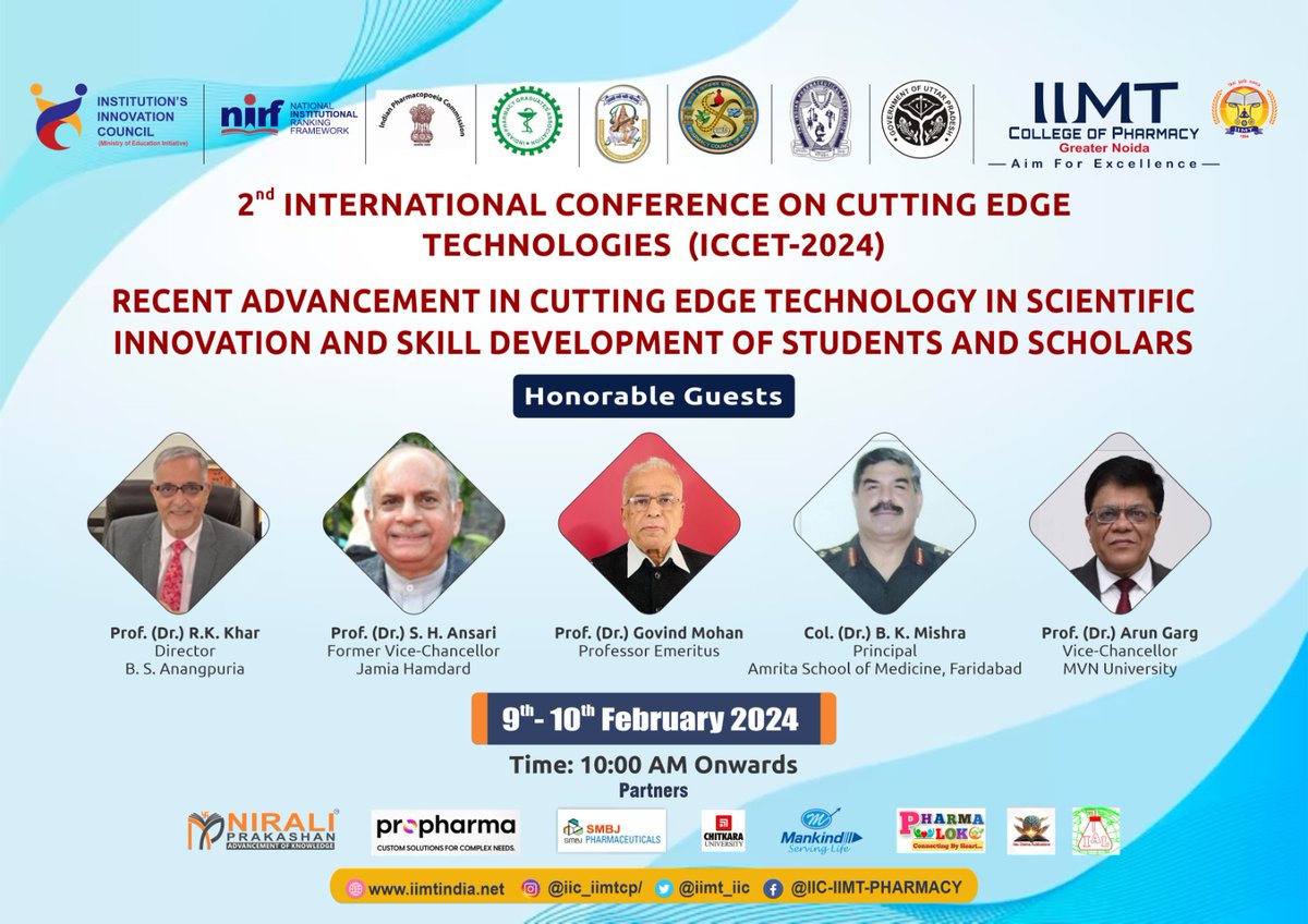 2nd International conference on cutting edge technologies ( ICCET - 2024)
.
iimtindia.net
Call Us: 9520886860
.
#IIMTIndia #IIMTian #IIMTNoida #IIMTGreaterNoida #IIMTDelhiNCR
#ICCET2024 #CuttingEdgeTech #iic #pharmacyinnovation #pharmacy
#pharmacytech #PharmacyCollege