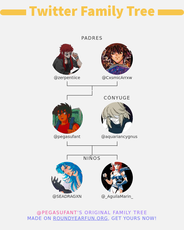 👨‍👩‍👧‍👦 Mi Familia de Twitter:
👫 Padres: <a href="/zerpentiice/">ᅠ⁫ᅠ⁫ᅠ⁫ᅠ⁫ᅠ⁫⋇ᅠ⁫ᅠ⁫ᅠ⁫𝓒ꭺꮇ͜͡𝚄𝚂ᅠ⁫ᅠ⁫꒱</a> <a href="/CxsmicArrxw/">ටිᥱᎥყᥲ.</a>
👰 Cónyuge: <a href="/aquariancygnus/">‍ ‍ ‍ ‍ ‍ ‍ ‍ ‍ ❄️ 𝓗yoga .</a>
👶 Niños: <a href="/SEADRAGXN/">𝐊 𝐀 𝐍 𝐎 𝐍</a> <a href="/_AguilaMarin_/">ʍαƦίπ δε άĝuιlα鷲星座の魔鈴</a>

➡️ funxgames.me/twitterfamily?…