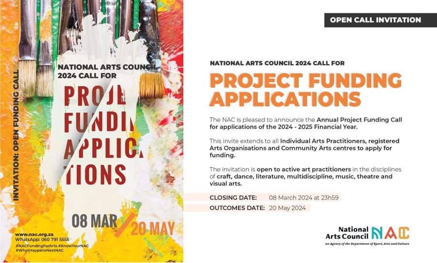 #FundingAlert🚨
#DSACAgency @nacsouthafrica calls on individual arts practitioners, registered arts organisations & community art centres to apply for Annual Project Funding for 2024-2025

More info: nac.org.za 

Closing date: 8 Mar 2024 at 23h59 

#NACFundingForArts