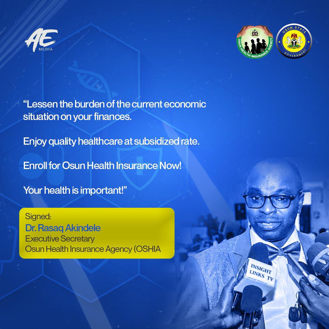 ademide25_'s tweet photo. Health is wealth! I’m happy that Osun Government through the ES of #OsunHealthInsuranceAgency has announced to the people of the state to enjoy quality healthcare at a subsidized rate. This wil surely make a significant difference in meeting the health needs of the peopl #AEMedia https://t.co/eEsot0egpN