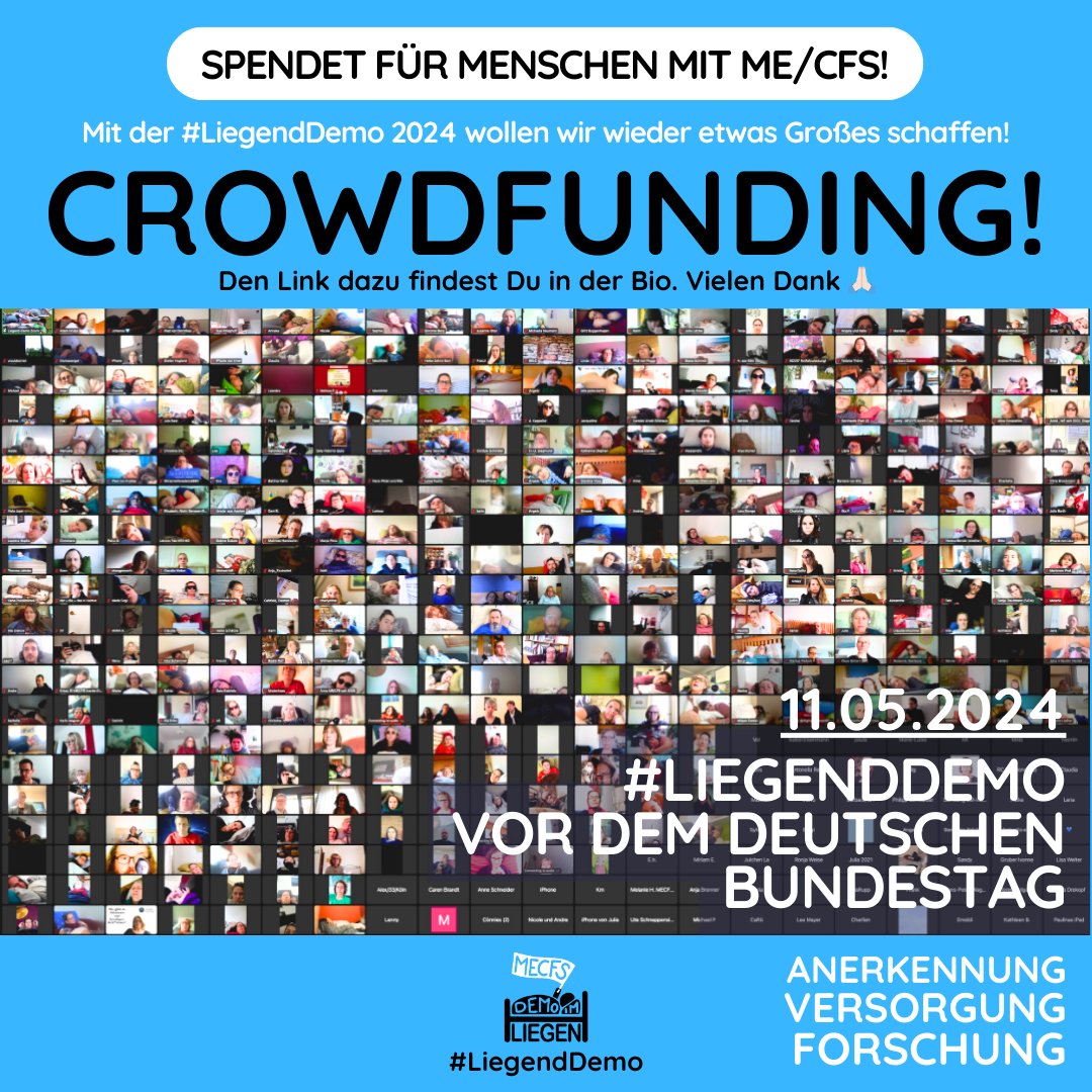 Ihr Lieben 💙  wir wollen am 11. Mai erneut eine #LiegendDemo vor dem Bundestag und zeitgleich vernetzt in anderen Städten organisieren. Wie ihr auf dem Foto sehen könnt, waren 2023 ganze 450 Menschen im Zoommeeting und weitere 260 auf YouTube live dabei; 350 demonstrierten ⬇️