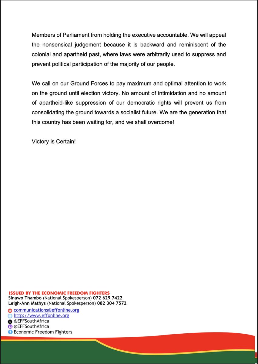 EFFSouthAfrica's tweet photo. The EFF's Statement on the Western Cape High Court Judgment Against EFF Members of Parliament

-Consequently, all EFF Members of Parliament will not participate in the 2024 SONA activities and programme, as these are undemocratic and unconstitutional and the so-called State of the Nation Address in 2024 is an extended caucus of the ANC.