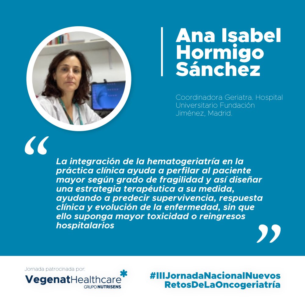Descubre la experiencia detrás de la III Jornada Nacional: #NuevosRetosdelaOncogeriatría 🌟 a través de nuestros excelentes ponentes.

Hoy conocemos más a Ana Isabel Hormigo Sánchez, Ponente de la Jornada.

📅 8 de Marzo 2024.
👉🏼 Inscríbete en: vegenathealthcare.es/area-profesion…