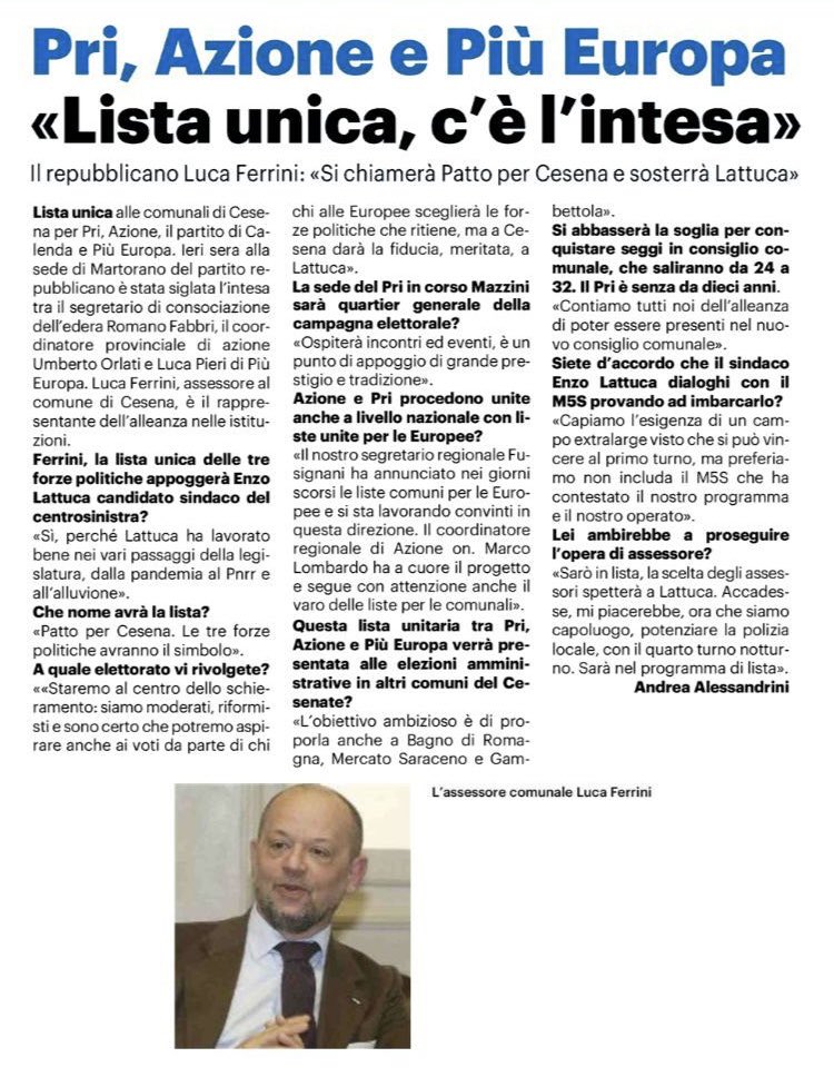 “Patto per Cesena”: Azione, Piú Europa e Partito Repubblicano insieme a Cesena a sostegno della ricandidatura del Sindaco Lattuca. 
Bravo <a href="/lucaferrini1974/">Luca Ferrini🇪🇺🇮🇹🇺🇦</a>!
