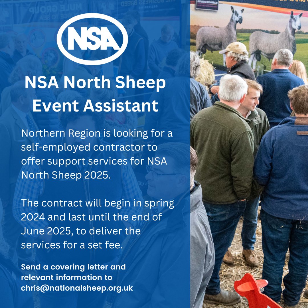 Opportunity for NSA North Sheep Event Assistant🐑🎪🎟 NSA Northern Region is looking for a self-employed contractor to offer support services for NSA North Sheep 2025. Find out more ⤵ go.nationalsheep.org.uk/psEr77 ❌Express an interest by 5pm on Thursday 29th February 2024.