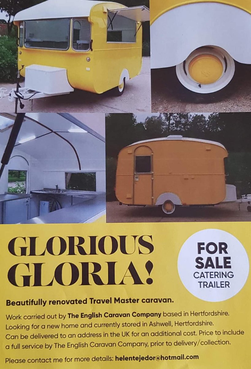 TheEnglishCarav's tweet photo. Helen Tejedor @sunandmoonjuice has asked us to help find Gloria a new home. ♥️♥️
CATERING TRAILER FOR SALE -
Beautifully renovated Travel Master caravan. Please contact me at helentejedor@hotmail.com for more details
#thesunandmoon #caravanbar https://t.co/XsZaCGxgkn