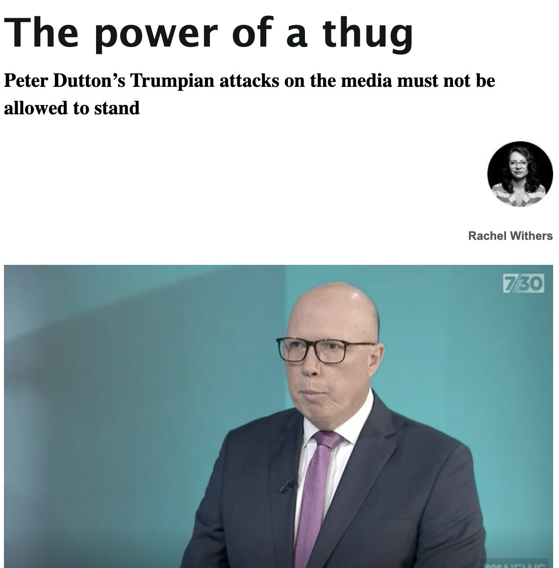 TrueNorthNewsAU's tweet photo. The angry interview served to confirm the label that has been floating around all week. Dutton’s interview with 730 showed him to be a “thug” — a man incapable of handling scrutiny, turning straight to personal attacks when he lacked an answer #auspol > https://t.co/GAwqAJY1uz https://t.co/ObuvsDUZQC