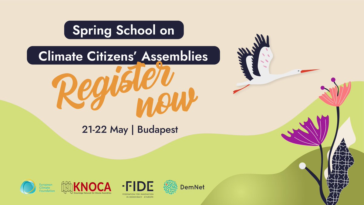 📢 Registrations are open!
 
The Spring School on Climate Citizens' Assemblies awaits you in Budapest.

On May 21-22, we bring you a two-day training on deliberative practices!
 
Learn more and register ▶ lnkd.in/dGDtPzF8
 
#ClimateCrisis #CitizensAssemblies