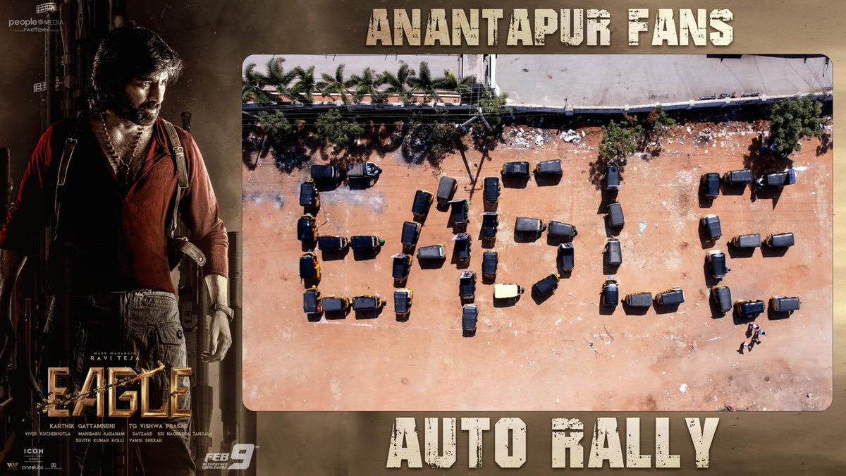 UrsVamsiShekar's tweet photo. The streets of Anantapur roared with excitement as fans of Mass Maharaja @Raviteja_offl staged a massive auto rally! ❤‍🔥

Book Your Tickets - https://t.co/tU8LmrnJVG 

#EAGLE 🦅 / #Sahadev Worldwide Grand Release in Telugu & Hindi Languages on FEB 9th! 🔥

@Karthik_gatta @vishwaprasadtg @vivekkuchibotla @KavyaThapar @anupamahere @pnavdeep26 @VinayRai1809 @manibkaranam @RajaS_official @Sunilofficial @Sri_Avasarala @davzandrockz #KarmChawla @sujithkolli @Iconmusicsouth @ivyofficial2023 @Srinagendra_Art @srinu10477 @peoplemediafcy @UrsVamsiShekar