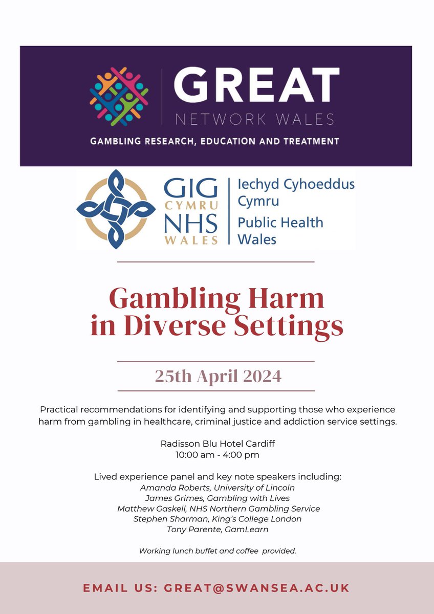 GREATCymru's tweet photo. Join us in Cardiff April 25th for an insightful event: Gambling Harm in Diverse Settings. Jointly hosted by GREAT and @PublicHealthW. NHS services, Social Care/Social Work, Criminal Justice, and Addiction settings #GamblingHarms #HealthEvent @SwanseaUni https://t.co/O6IOu415hh https://t.co/ZNuPVfg5tA