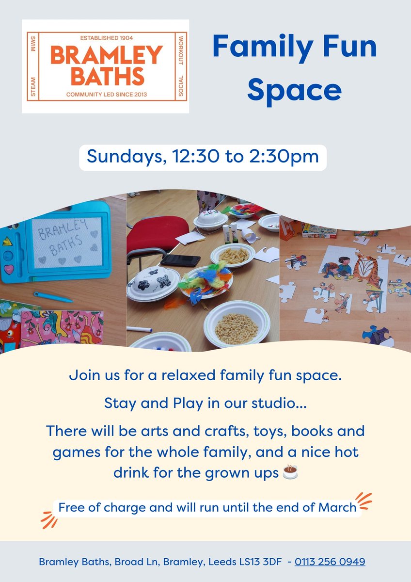 Looking for free activities this half term? Pop along to the Family Fun Space @bramleybaths this Sunday, 12:30 to 2:30pm There's arts, crafts, toys, books and games for the whole family to enjoy. Plus a lovely hot drink for the grown ups ☕ #WarmWelcome #StayAndPlay #WestLeeds