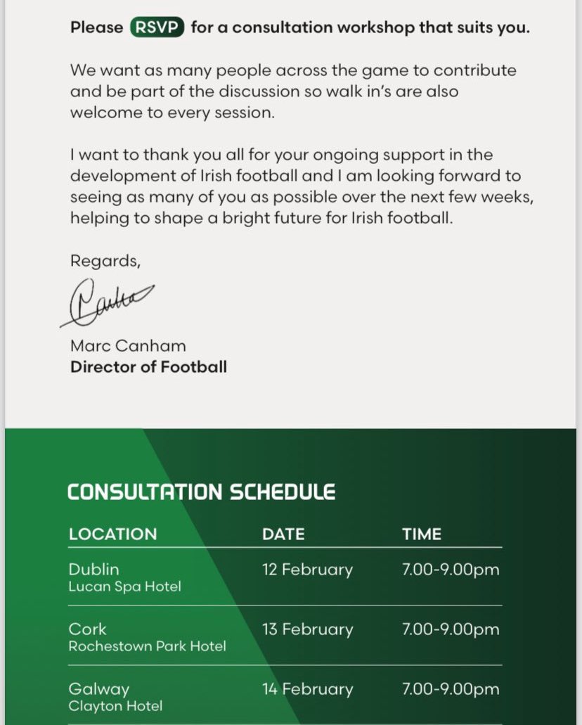 <a href="/FAIreland/">FAIreland</a> Football Pathways Plan Regional Consultation Workshops next week 7-9pm:

📅 Mon, 12th Feb - Dublin (Lucan Spa)
📅 Tue, 13th Feb - Cork (Rochestown Park) 
📅 Wed, 14th Feb - Galway (Clayton)
📅 Thu, 15th - Donegal (Radisson Blu)

Register here form.jotform.com/240242599162356