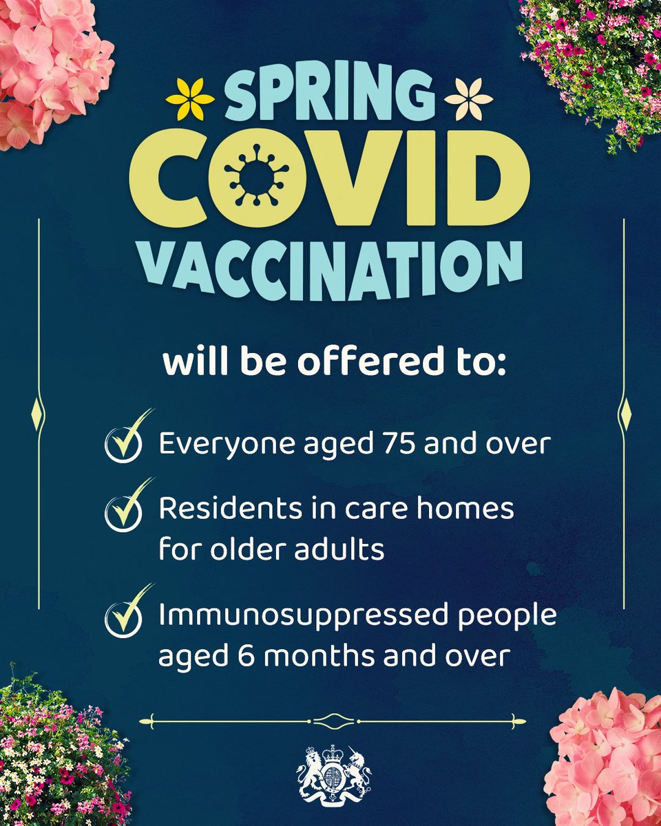 Department of Health and Social Care (@dhscgovuk) on Twitter photo A spring Covid vaccination will be offered to people at highest risk of serious illness following advice from the Joint Committee on Vaccination and Immunisation (JCVI).
The NHS will confirm how and when eligible people can get this vaccination.
More: gov.uk/government/new… A spring Covid vaccination will be offered to people at highest risk of serious illness following advice from the Joint Committee on Vaccination and Immunisation (JCVI).
The NHS will confirm how and when eligible people can get this vaccination.
More: gov.uk/government/new…
