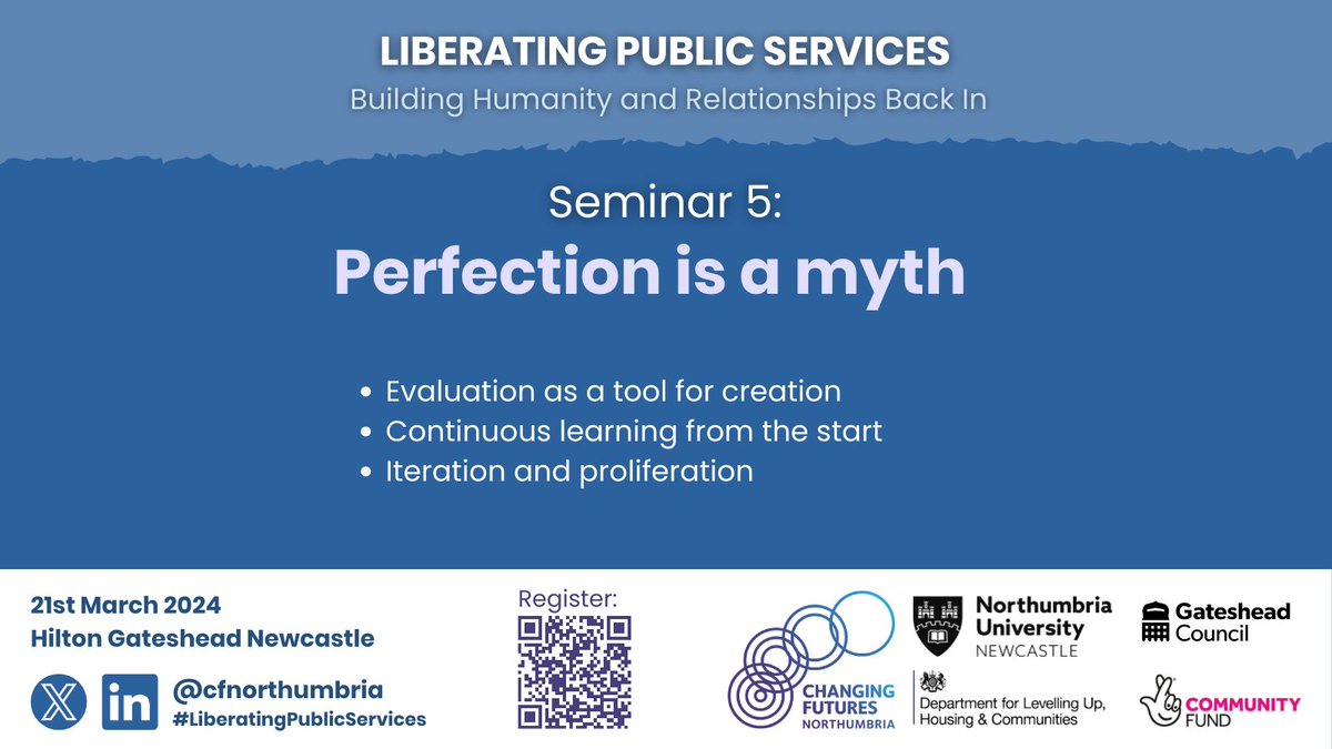 In the 5th breakout seminar, we will explore EVALUATION: how it needs to be embedded from the start (not as an afterthought) and why change isn't a bad thing. 📢There are only 15 tickets left! 📢 Register your place now: bit.ly/CFN-LPS2024 #LiberatingPublicServices