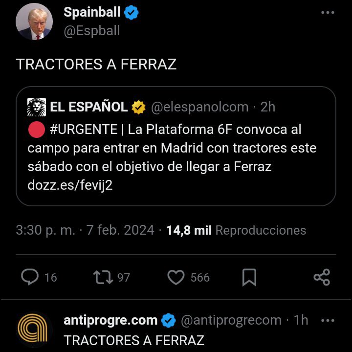 Macarena_Olona's tweet photo. De la Nochevieja en Ferraz “para joderle las uvas a 2.000 uiperos” a “TRACTORES A FERRAZ”.

Son como garrapatas chupando de la desesperación del pueblo. 

Ni cotiza que, con su afán de protagonismo y sus ansias por apropiarse de la causa, son capaces de volver a desvirtuar una reivindicación justa utilizando de nuevo la Pasarela Ferraz para su mayor gloria, donde acabaron convirtiendo la oposición a la amnistía en una reunión de fanáticos con cero sentido del ridículo. 6F será primo hermano de esa Revuelta macarra que usaron de conejillo de indias. 

Y, una vez más, nuestras FYCSE en mitad de la batalla campal. Señalados y puestos en la diana por bastardos intereses políticos.

A ver si nos enteramos ya de que esta protesta del campo nos compete a todos, que la reivindicación de los agricultores no debe tener más bandera que la del sentido común. La tierra no entiende de ideologías ni de trileros, de argumentarios vacíos y símbolos extraños. Quien quiera aferrarse a imagines puntuales que lo haga, pero esto va de sequía, de agua, de sol, de un sector primario ahogado y castigado, de una ley de cadena alimentaria que no se está cumpliendo. Esto va de bocas, de estómago, de sudor. Esto va de sector primario. Que las manos urbanitas de los políticos, ni de uno ni de otro,  no manoseen las manos encalladas de los que de verdad conocen el campo. Que sus proclamas justas y legítimas no sean solapadas por el fundamentalismo y el humo de los escarceos baratos de nuestros representantes. Nos va el presente y el futuro en ello. Y, o salimos de esa burbuja absurda de confrontación y nos ponemos de acuerdo para ir todos juntos a pelear por nuestro campo y quienes lo trabajan, o todo explotará. 

Que todo explote es el único interés que tienen algunos.