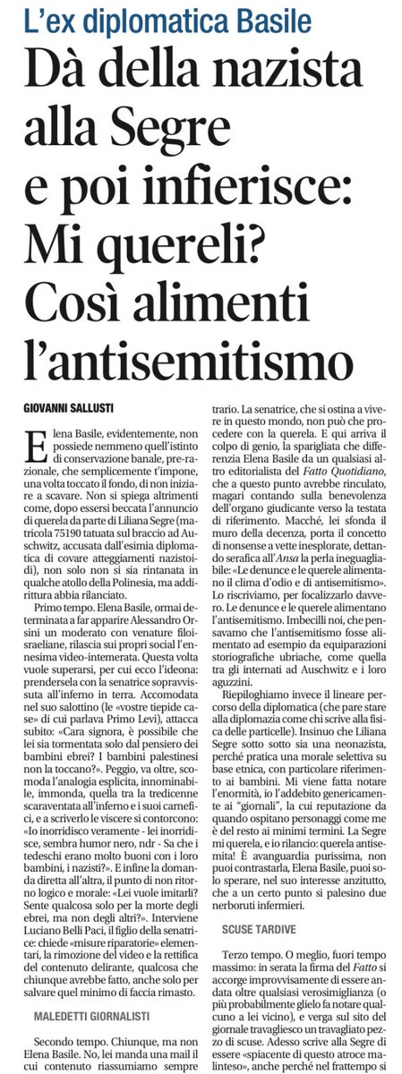 GioSallusti's tweet image. Elena #Basile, evidentemente, non possiede nemmeno quell’istinto di conservazione banale, pre-razionale, che semplicemente t’impone, una volta toccato il fondo, di non iniziare a scavare. Non si spiega altrimenti come, dopo essersi beccata la querela per aver insinuato che