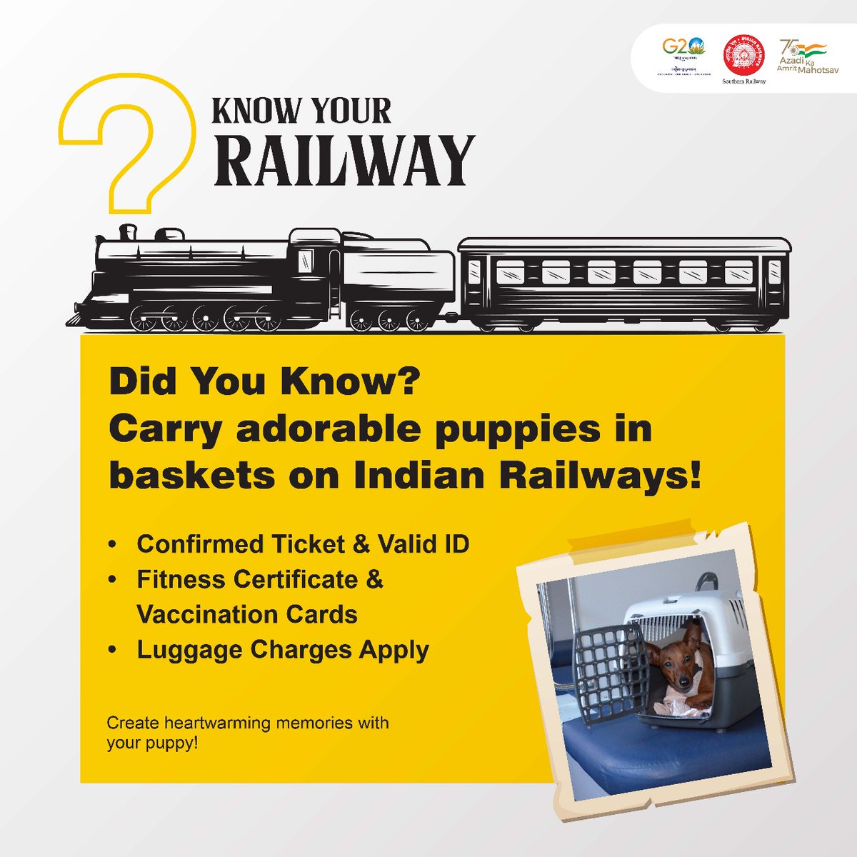 Your Furry Friend Can Now Travel With You on #IndianRailways!

Say goodbye to separation anxiety & hello to #pawsome adventures! Did you know your adorable puppies can now join you on your Indian Railways journey?

#PetFriendlyTravel #DogDays #TravelWithPets  #Southernrailway