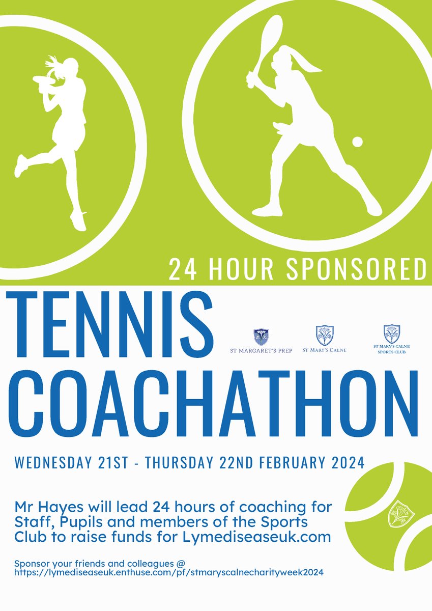 Charity Week is coming soon! Why not join us for the 24-Hour Tennis Coachathon?  Pupils, staff and Sports Centre members can book slots with a £10 donation. All money raised during Charity Week will support Lyme Disease UK. lymediseaseuk.enthuse.com/pf/stmaryscaln…