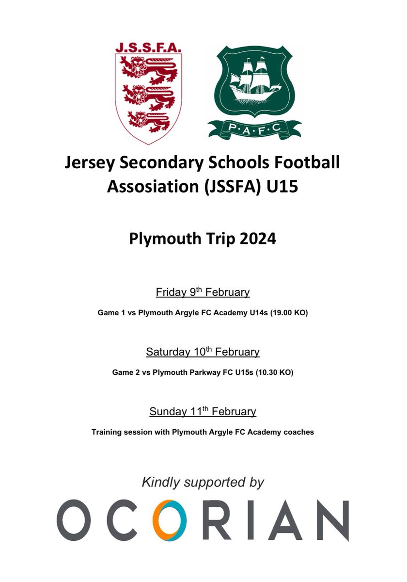 JamesScottJS's tweet photo. 🇯🇪 JSSFA U15 Plymouth Tour ⚽️
✈️ The 2024 squad will be travelling to play @Argyle Academy & @PlymouthPFC this weekend.
This tour is in preparation for the annual Star Trophy fixture against Guernsey in April.
Play well boys!
Kindly supported by @ocorian 🤝 https://t.co/JeUSvJ22BH