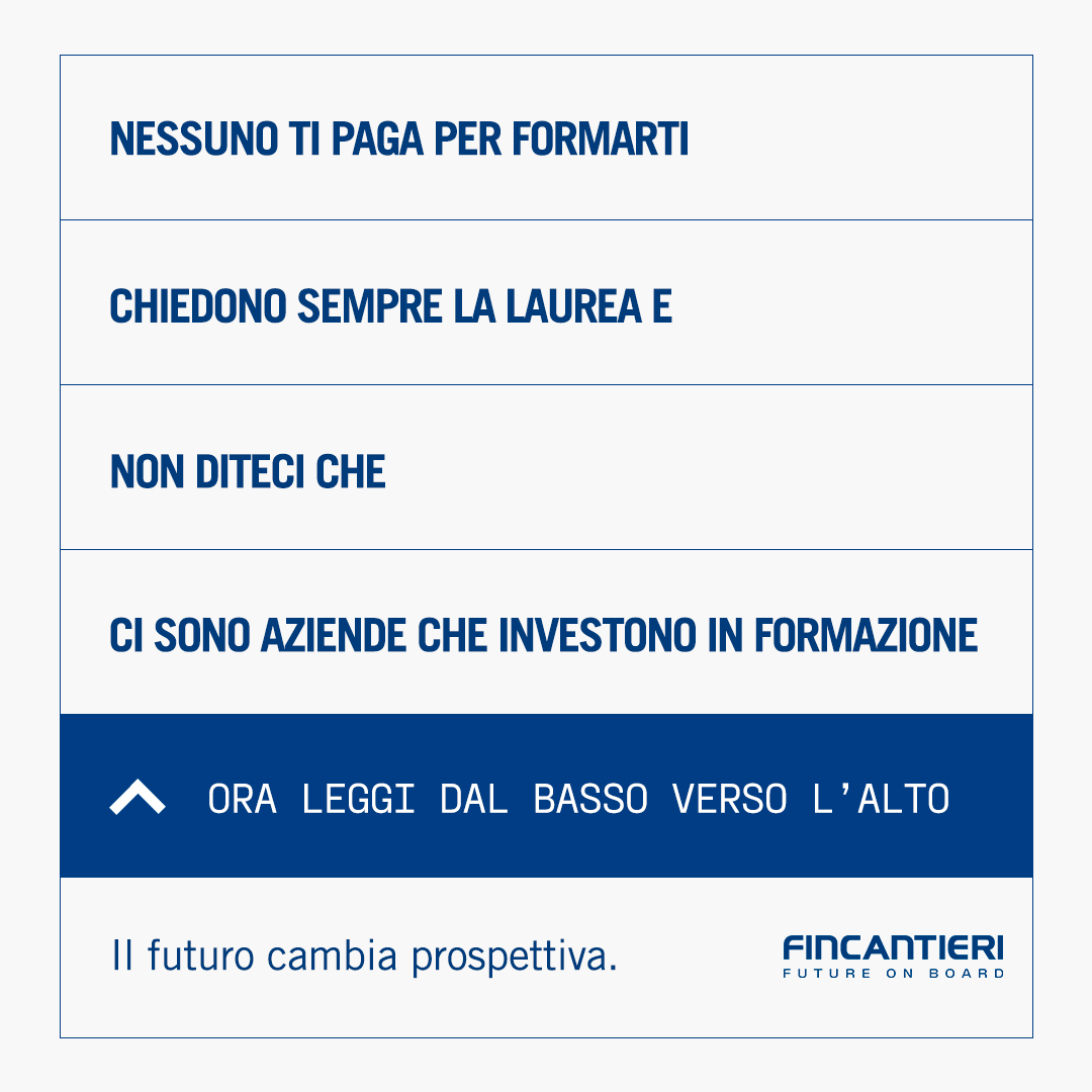 Fincantieri's tweet photo. Corsi retribuiti che formano e assumono anche chi non ha né diploma né laurea? È #MaestriDelMare, il progetto #Fincantieri che crea la #testadopera di domani: manodopera specializzata nelle ultime tecnologie.
Per maggiori info e per candidarti: https://t.co/rYlCmvey1N
#FutureOnBoard