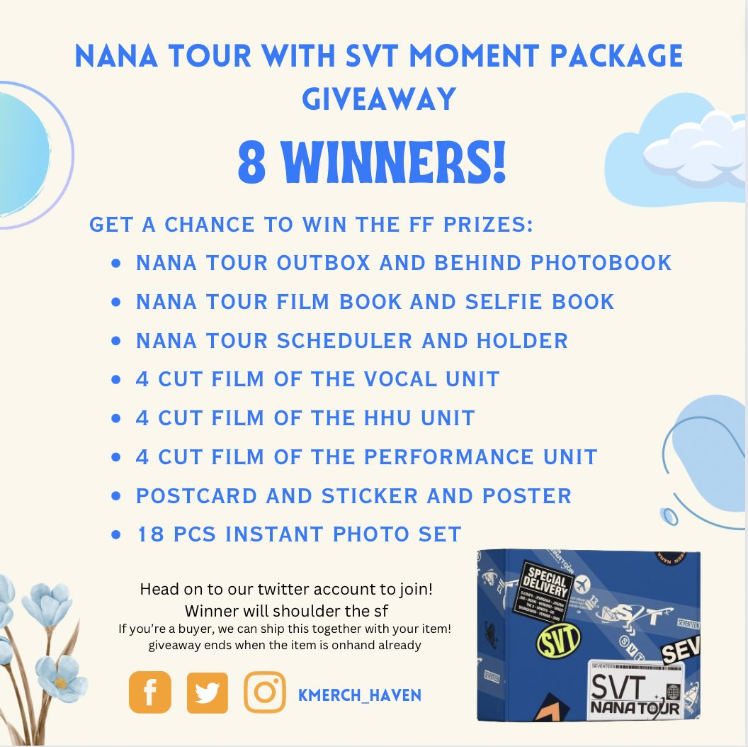 KMERCH_HAVEN's tweet photo. NANA TOUR with SEVENTEEN MOMENT PACKAGE GIVEAWAY 🌟 

8 winners! 𐙚˙⋆.˚ ᡣ𐭩 
- Retweet and like this tweet. 
- Follow us on twitter &amp; instagram (@kmerch_haven) 
- Retweet and like our pinned tweet. 

ends when the item is onhand already! 

Goodluck! ✨ https://t.co/2RbvdGOjtf