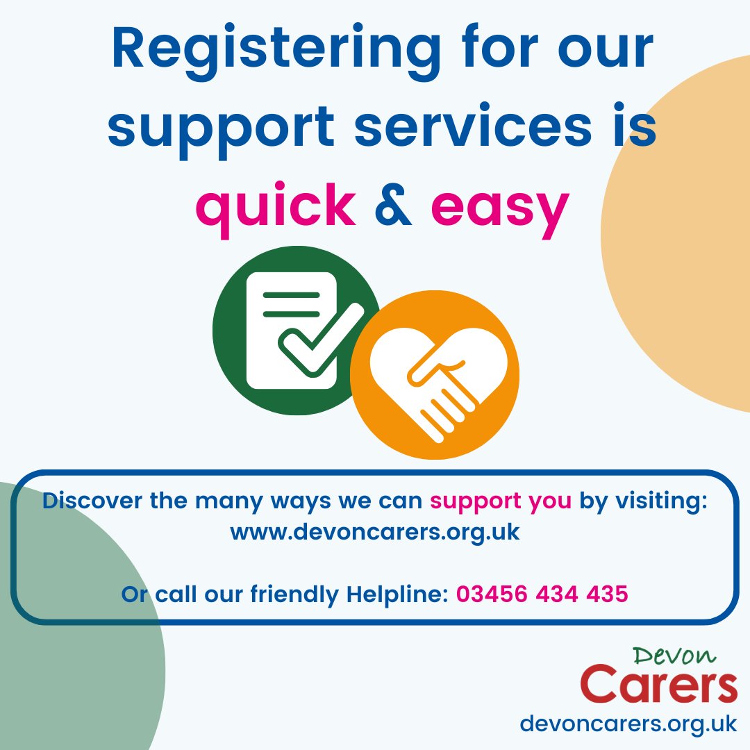 Registering for our free support services is quick and easy✅

Sign up online here: devoncarers.org.uk/register-for-s… or by calling our friendly Helpline: 03456 434 435 ☎️