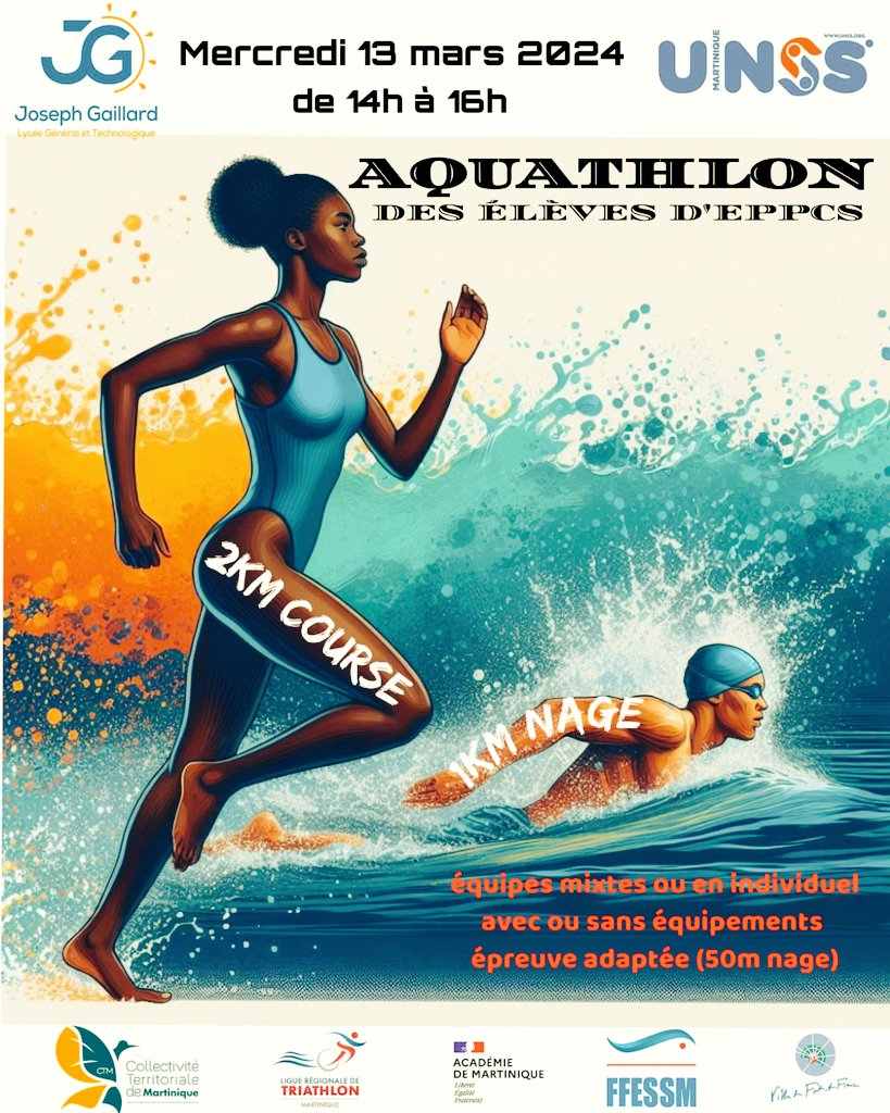 Le lycée Joseph GAILLARD organise la 3ème édition de son Aquathlon !
Épreuve de Swim and Run en équipe ou solo, adaptée pour personnes en situation de handicap et apprentis nageurs avec ou sans matériel (palmes, masque, tuba).
Accessible via l'UNSS à tous collégiens et lycéens.