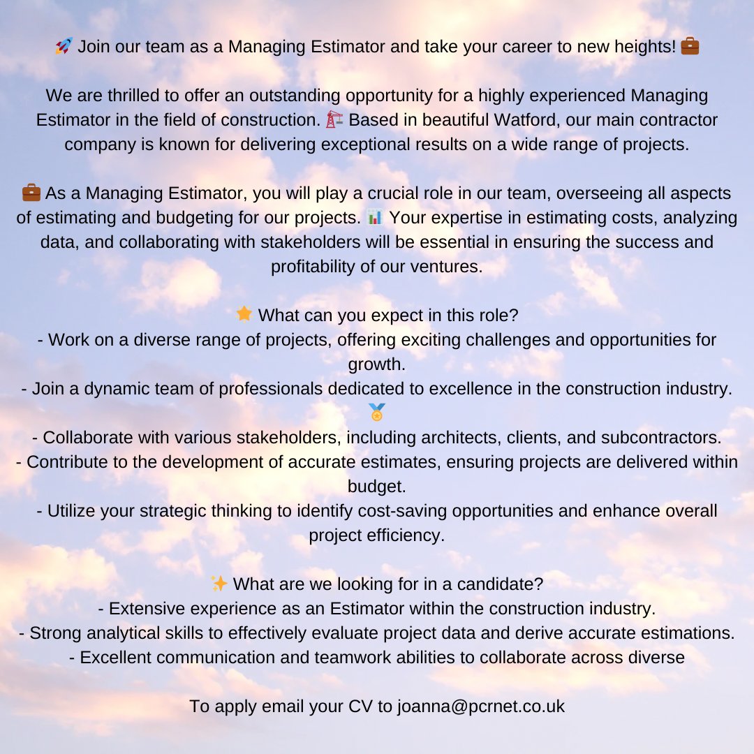 RecruiterJoanna's tweet image. Outstanding opportunity for a highly experienced Managing Estimator to join a large tier 1 main contractor based in Watford.

Email your CV to joanna@pcrnet.co.uk

#managingestimator #estimator #construction #constructionestimator