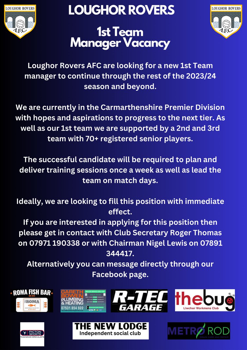 Please get in touch if interested! 

We would also like to thank Jonny Thomas and Mike Dixon for all their efforts and hard work over the past couple of seasons