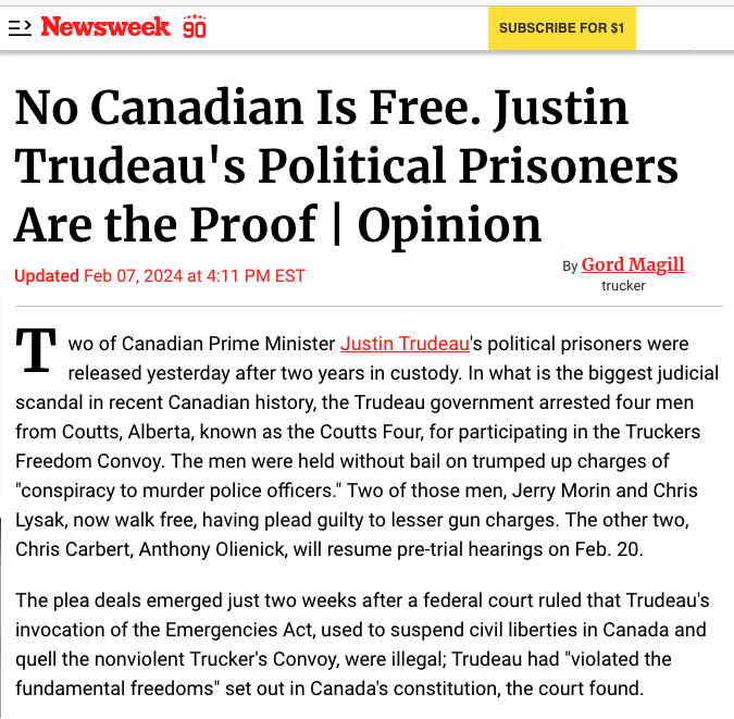 DonaldBestCA's tweet photo. "Two of Canadian Prime Minister Justin Trudeau's political prisoners were released yesterday after two years in custody.

The men were held without bail on trumped up charges of 'conspiracy to murder police officers.' "

A must-read by @GordMagill in @Newsweek 

https://t.co/bRW2N7Ol62