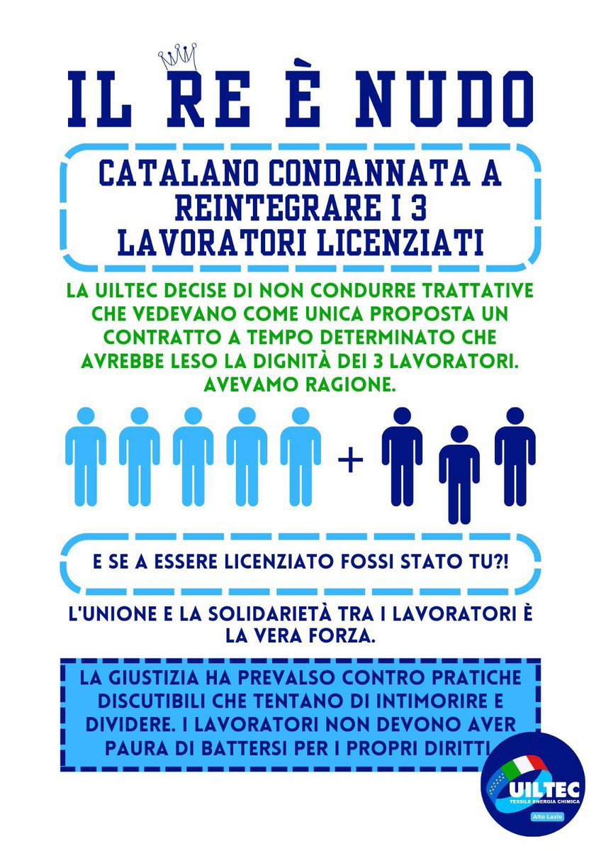 UiltecL's tweet photo. #catalano
Importantissima la sentenza del giudice del lavoro che dichiara illegittimo il
licenziamento di 3 lavoratori della Ceramica Catalano tra cui un nostro Dirigente Sindacale
storico e che ne dispone “la reintegra nell’originario posto di lavoro”. https://t.co/DwzsfOOZIC