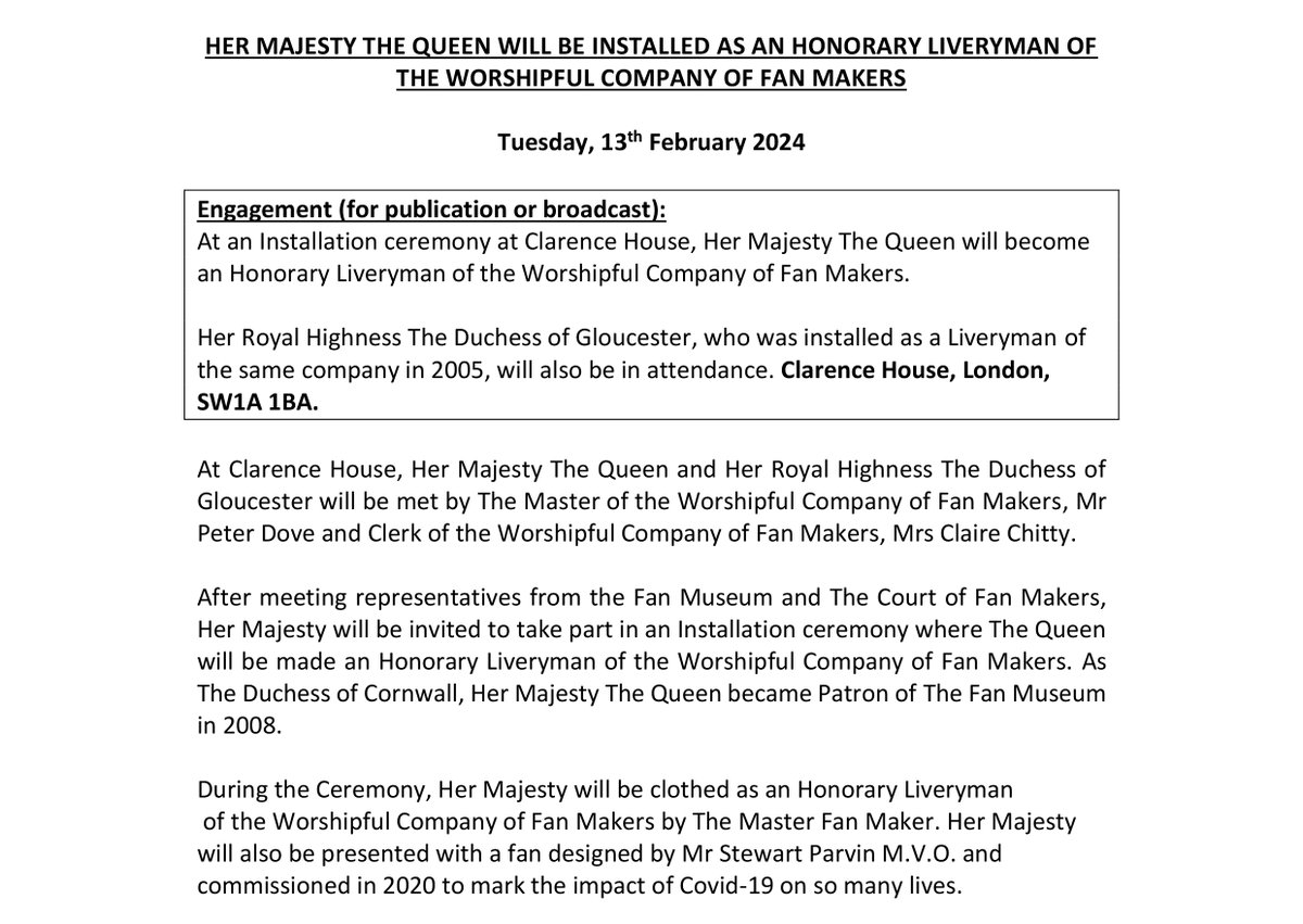 MajestyMagazine's tweet image. The Queen will become an honorary liveryman of the Worshipful Company of Fan Makers @Fan_Makers at an installation ceremony at Clarence House on 13 February.

The Duchess of Gloucester, a liveryman of the company since 2005, will be present.