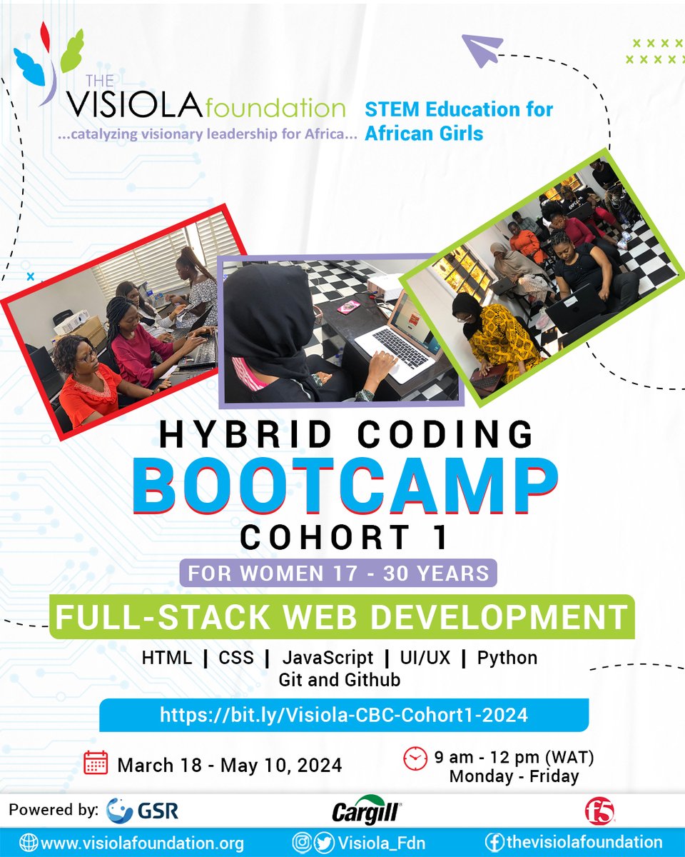 🎉Thrilling announcement! Cohort 1 applications are now open for our Hybrid Coding Bootcamp, for African women aged 17-30. Explore Full-Stack Web Development. Seize the opportunity – apply today! bit.ly/Visiola-CBC-Co… #WomenInTech #FullstackWebDevelopment #VisiolaCodingBOOTCAMP