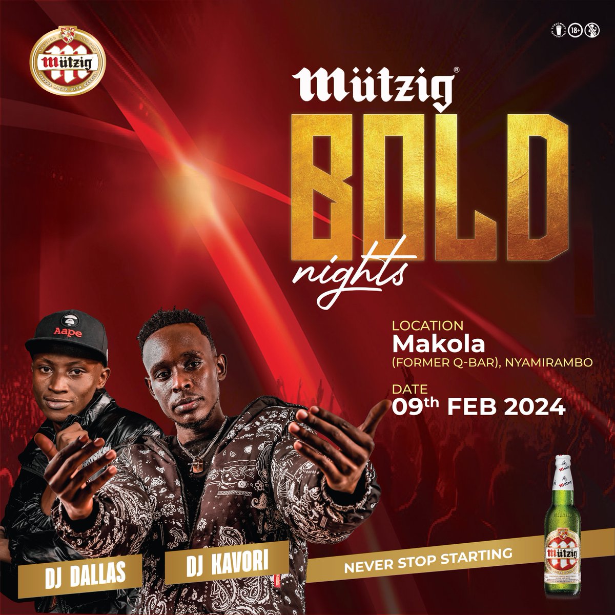 IGIHE's tweet photo. AD: #Kigali, guess what? #MützigBoldNights is BACK! Bringing you #Amabeats Season 2 winners #DjKavori &amp; #DjDallas. 

This Friday, 9th Feb, let’s all meet at Makola Bar – Don’t miss to witness this year’s Bold Season🔥🍻 @bralirwaplc  @MutzigRwanda https://t.co/t8SD6tmkfn