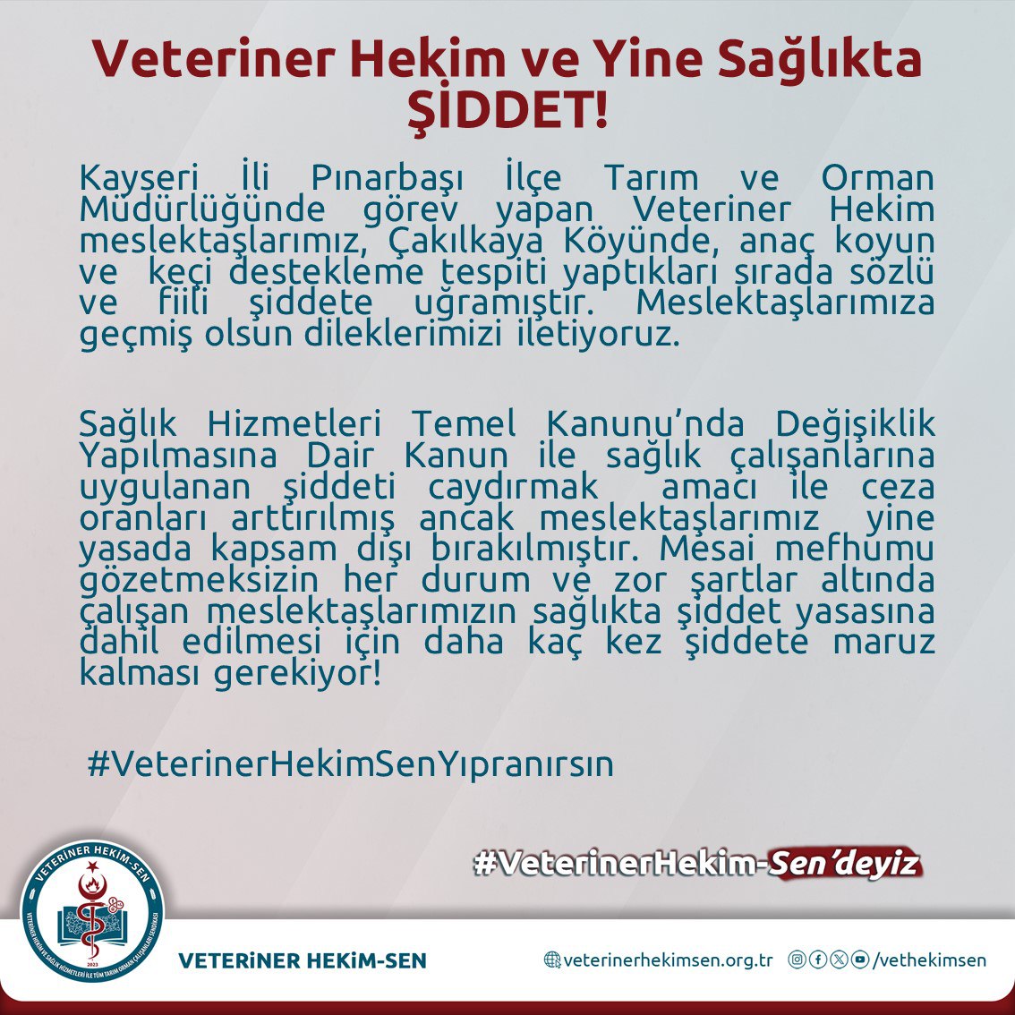 <a href="/tcbestepe/">T.C. Cumhurbaşkanlığı</a> @rterdogan <a href="/TCTarim/">T.C. Tarım ve Orman Bakanlığı</a> <a href="/ibrahimyumakli/">İbrahim Yumaklı</a>

1️⃣ Kayseri İli Pınarbaşı İlçe Tarım ve Orman Müdürlüğünde görev yapan Veteriner Hekim meslektaşlarımız, Çakılkaya Köyünde, anaç koyun ve  keçi destekleme tespiti yaptıkları sırada sözlü ve fiili şiddete uğramıştır. ➡️