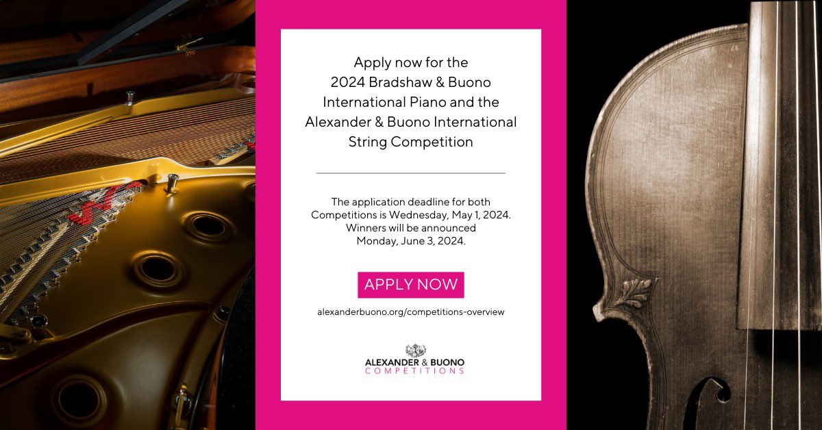 alexander_buono's tweet photo. Apply now to the Bradshaw & Buono International Piano Competition and the Alexander & Buono International String Competition:
https://t.co/tu2PTa59sB
#music #classicalmusic #musiccompetition #pianocompetition #stringcompetition #piano #steinway #pianist #stringplayer
#violin https://t.co/9v8k0mVxFk