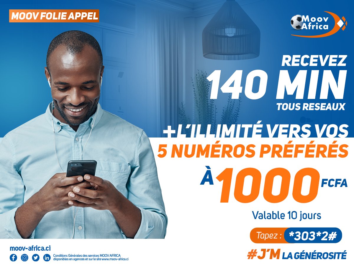 Moovafrica_CIV's tweet photo. Bénéficiez de 140 min tous réseaux + illimité vers vos 5 numéros préférés à 1000F CFA. 🤩🤩
Validité 10 jours.
#JMLaGenerosite #JMMoovAfricaCI #JMLagénérosité #JMCauser https://t.co/jfd9qJQ3FK